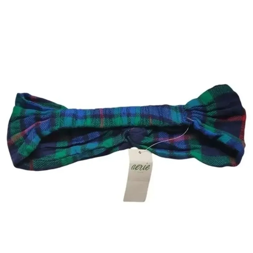 NWT Women's Aerie Flannel Knit Sleep Headband Red Blue and Green Plaid